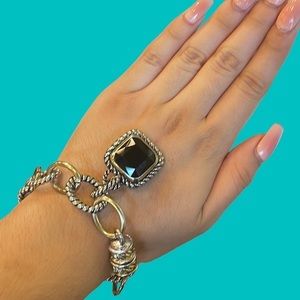 Black Square Stone  Silver Chain Link Magnetic Clasp Bracelet‎